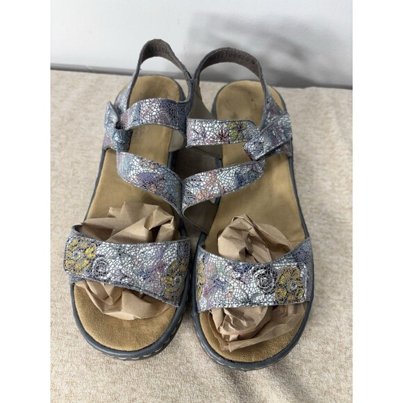 Rieker Women’s Sz 37 US 6.5 Floral Toe Sandals Blue PinkLeather Slip-On Comfort - Picture 1 of 12